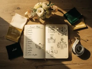 Open evenementenplanner notitieboek met handgeschreven checklists, omringd door stofffalen, bloemendecoratie en meetlint op eiken tafel.