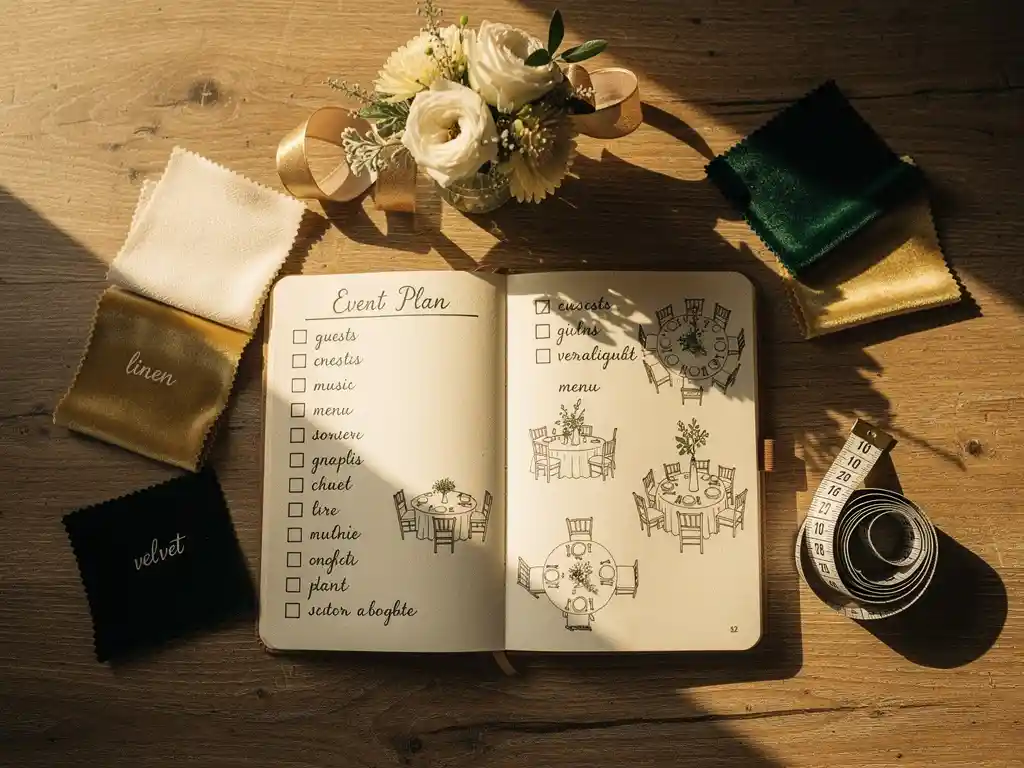 Open evenementenplanner notitieboek met handgeschreven checklists, omringd door stofffalen, bloemendecoratie en meetlint op eiken tafel.