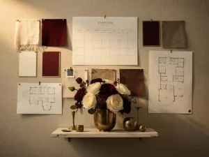 Evenementenplanning moodboard met stofstalen, schetsmatige zaalplattegronden, kleurenpalet en papieren kalender rond een elegante bloemencenterpiece in crème en bordeauxrood.