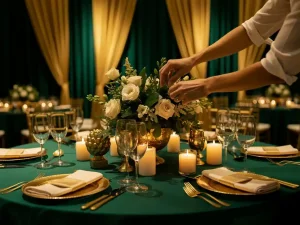 Stylist plaatst een op maat gemaakt bloemstuk op een elegante tafel met smaragdgroen, goud en ivoor decoraties en brandende kaarsen.