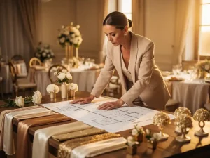 Eventstylist bekijkt decoratieplan op tafel met stoffen, bloemstalen en miniatuur centerpieces in ivoor en goud.