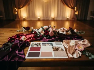 Eventstyliste bekijkt stofstalen in bordeauxrood en champagne, bloemsamples en moodboard op houten plantafel onder warm gouden hanglampen.