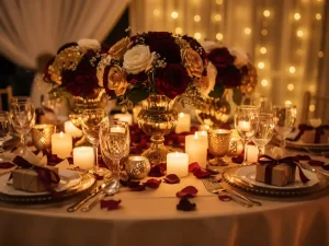 Feestelijk gedekte tafel met bordeauxrode en gouden decoraties, lintjes, kaarsen en gestapelde centerpieces in warm sfeervolle verlichting.