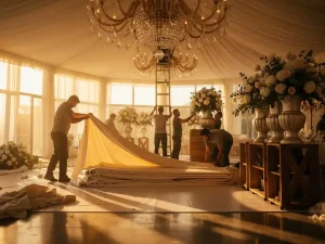 Medewerkers demonteren een feestmarquee bij gouden uur, met ivoren drapes, bloemen en een dalende kroonluchter.