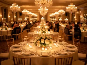 Grote feestzaal met ronde tafels, witte linnen, bloemstukken en kaarsenlicht onder gouden kroonluchters.