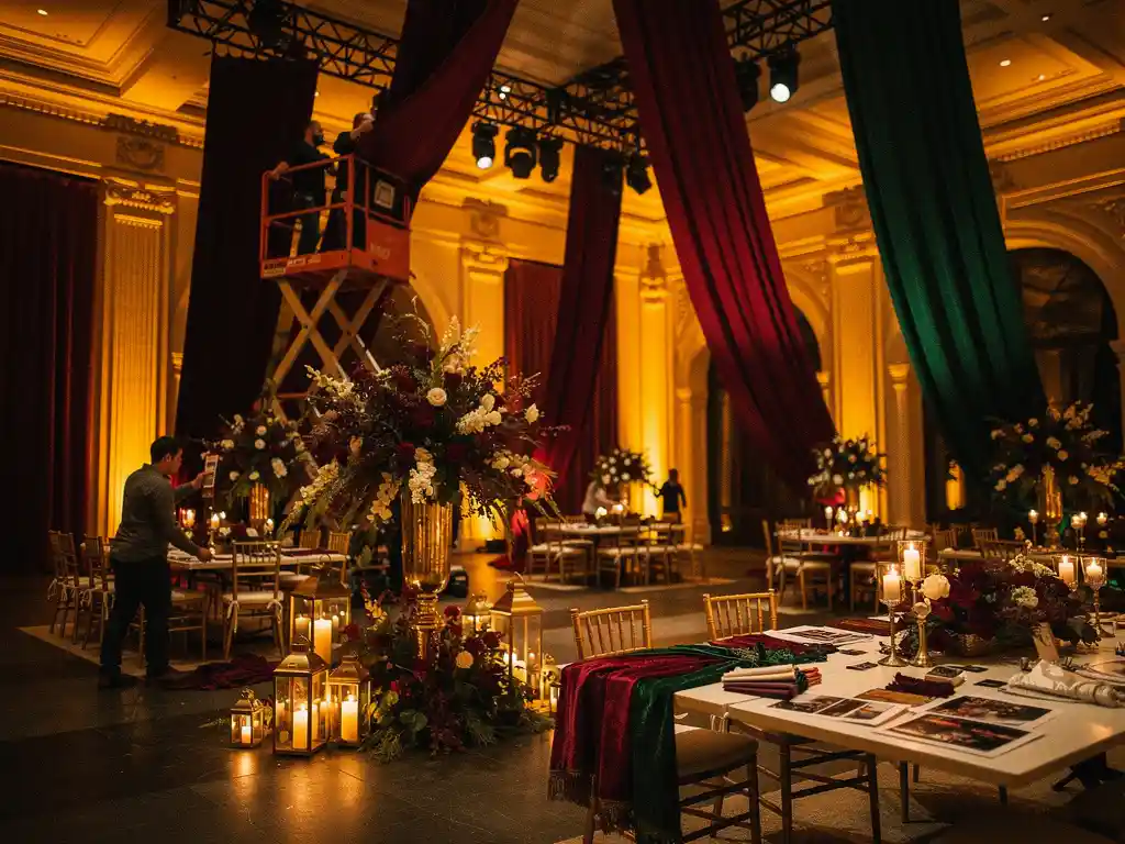 Feestzaal in opbouw met juwelentinten stoffen aan plafondstelling, bloemstukken en lantaarns op gedekte tafels in bordeaux, goud en ivoor.