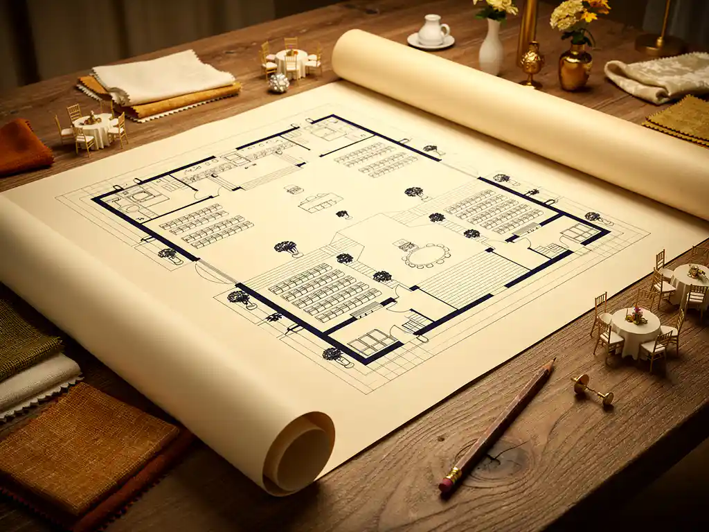 3D-architectuurontwerp van een evenementenhal op een eikenhouten tafel, omringd door stoffen stalen en decoratie-accessoires.