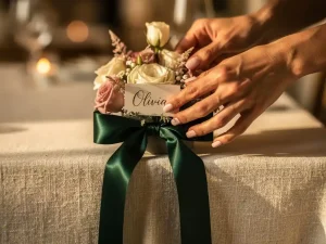 Stylist die een gepersonaliseerde tafelversiering schikt met handgeschreven naamkaartje, ivoren bloemen en lint op een linnen gedekte evenementtafel.