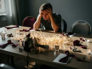 Gestresste persoon omringd door verstrengelde lichtslinger, omgevallen bloemstuk en verspreide decoraties op een kale evenementstafel.