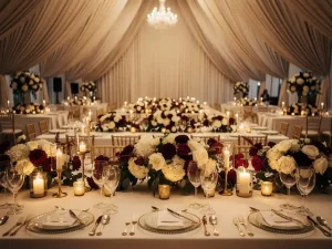 Grote feestzaal met lange gedekte tafels, bloemstukken en kaarslicht in ivoor, bordeauxrood en goud voor een grootschalig evenement.