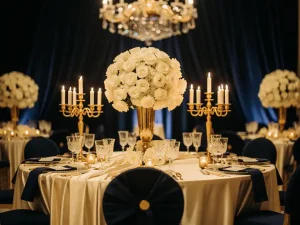 Luxueus gedekte ballroomtafel met ivoren zijde, witte rozen, gouden kandelaars en kristallen glazen in warm kaarslicht.