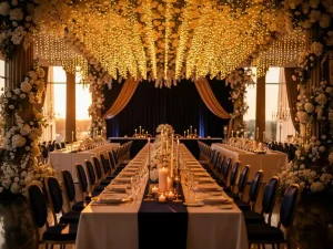 Luxe bedrijfsevenement met bloeminstallaties, gouden lichtjes en lange banquettafels met wit linnen en kaarslicht in navy en champagnegoud.