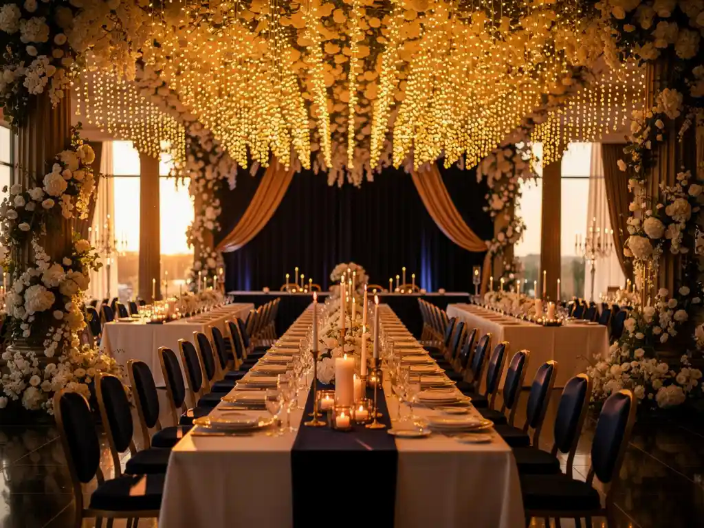 Luxe bedrijfsevenement met bloeminstallaties, gouden lichtjes en lange banquettafels met wit linnen en kaarslicht in navy en champagnegoud.
