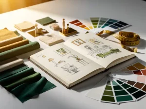 Open notitieboek met moodboard en eventplanning op witte tafel, omringd door stoffen, kleurpaletten en meetlint in goud- en smaragdgroene tinten.