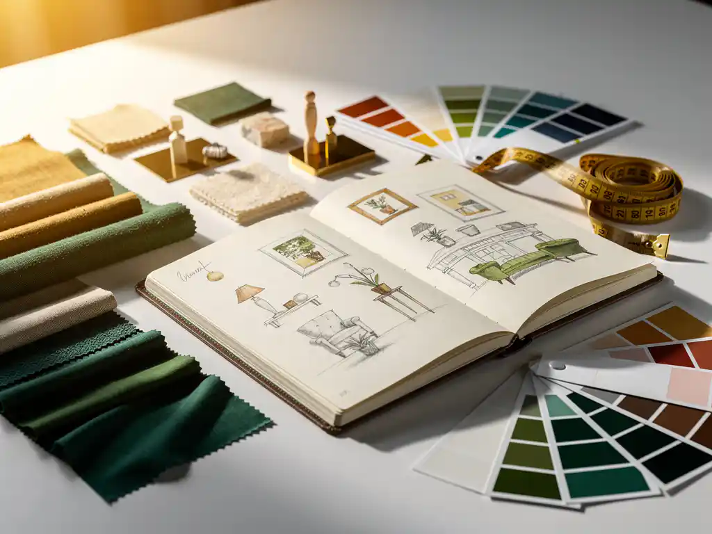 Open notitieboek met moodboard en eventplanning op witte tafel, omringd door stoffen, kleurpaletten en meetlint in goud- en smaragdgroene tinten.