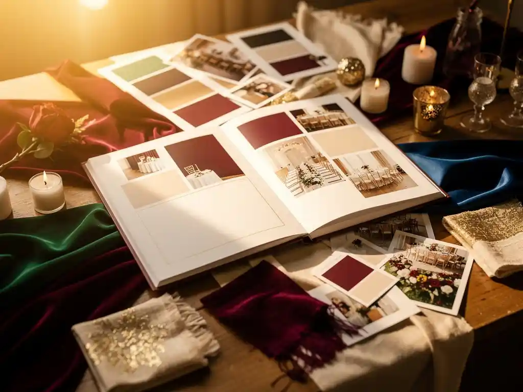 Creatief studio-bureau met moodboards, juwelentoon stoffen en decorsamples naast een open portfolio met elegante zaalstyleringen in bordeaux, ivoor en goud.