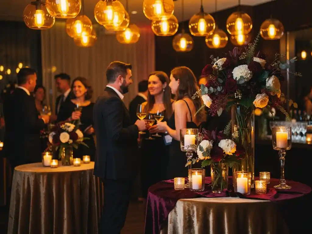 Netwerkborrel met gasten die wijnglazen vasthouden bij fluwelen cocktailtafels, verlicht door amber hanglampen en kaarslicht in warme gouden tinten.