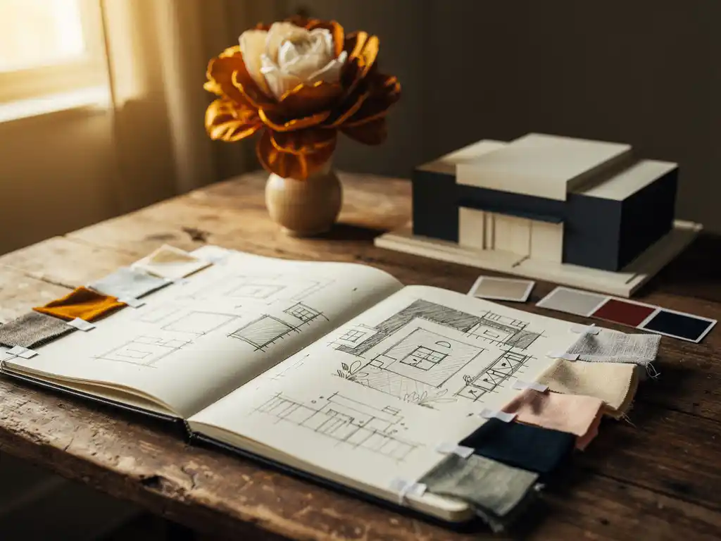 Open schetsboek met potloodtekeningen van event-layouts, moodswatches en stofstalen op een houten ateliertafel in warm amberkleurig licht.