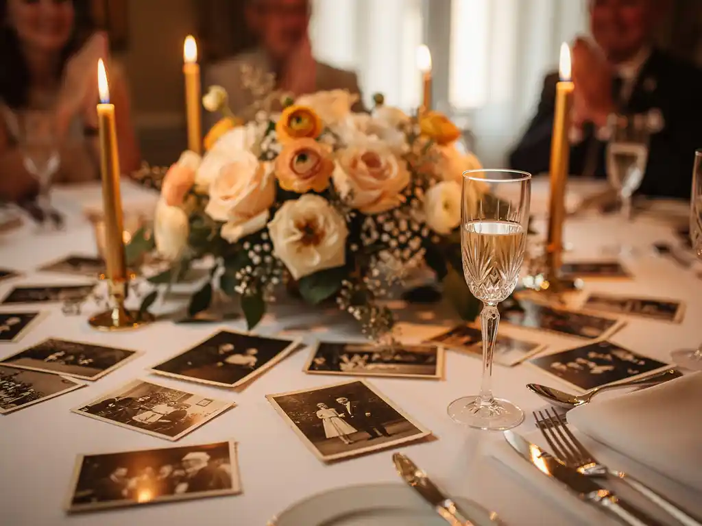 Feestelijk gedekte pensioentafel met gouden kaarsen, vintage foto's, champagneglas en een bloemstuk in crème- en bloostinten.