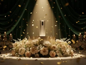 Verlichte productpresentatie op voetstuk met bloemcascades, fluwelen draperingen en gouden confetti in elegante evenementenhal.