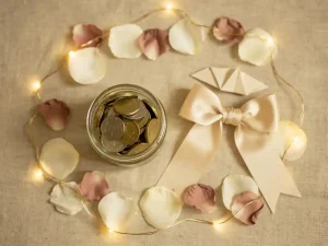 Glazen pot met munten naast een strik, bloemblaadjes, lichtjes en gevouwen papier op linnen ondergrond in ivoor en goudtinten.