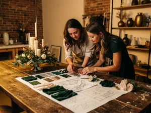 Stylist en klant buigen over houten werktafel met moodboard vol stoofstalen, bloemstalen en schetsplannen in warm atelierstudio met bakstenen muur.