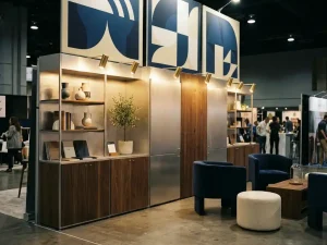 Stijlvolle beursstand met modulaire displaywanden, houten accenten en warme spotverlichting in een tentoonstellingshal.
