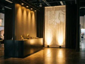 Dramatische beursstand met warme gouden spotlights, gelaagde verlichting boven een strak displaycounter en verlichte merkachtergrond.