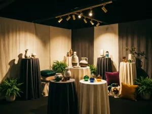 Elegante beurstand met productsokkels op variërende hoogtes, antraciet en ivoor stoffen achtergrond, gouden spotverlichting en groene accenten.