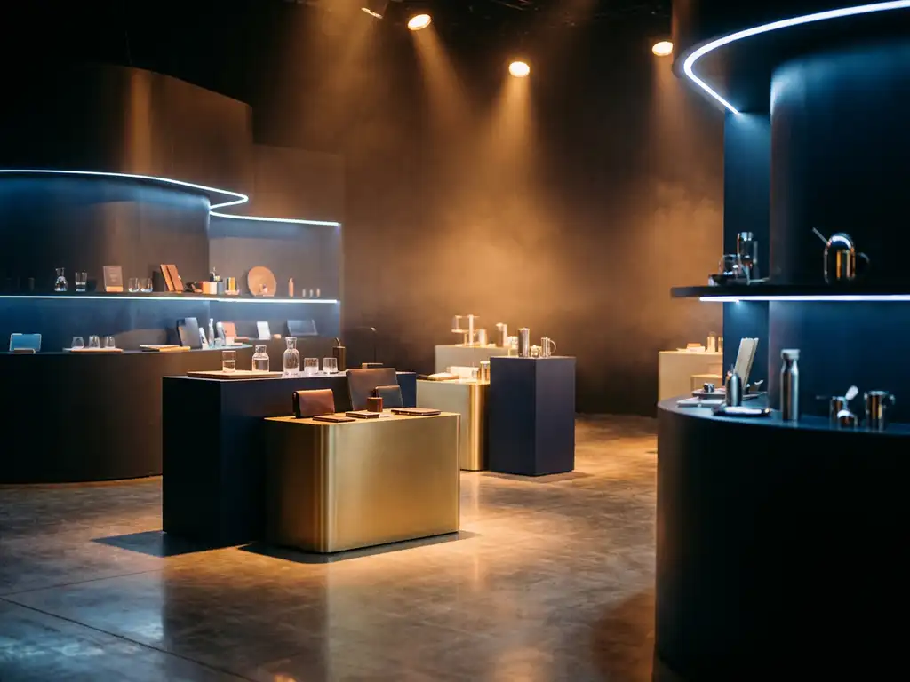 Dramatisch verlichte beurstand met amberkleurige spots en blauwe accentverlichting op elegante displaypanelen en productopstellingen.