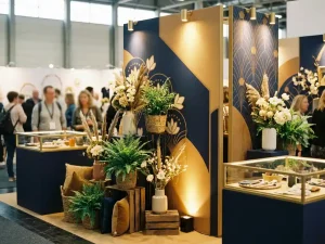 Stijlvolle beursstand met op maat gemaakte displaypanelen, decoratieve arrangementen en warme spotverlichting in navy, goud en ivoor tinten.
