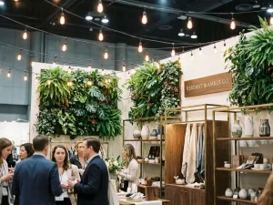 Stijlvolle beursstand met groene plantenwanden, Edison-peertjesverlichting en elegante displayrekken in smaragdgroen en warm amber.