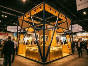 Hoekstand op een drukke beurs met een hoekige structuur, dramatische spots en marineblauwe en amberkleurige tinten.