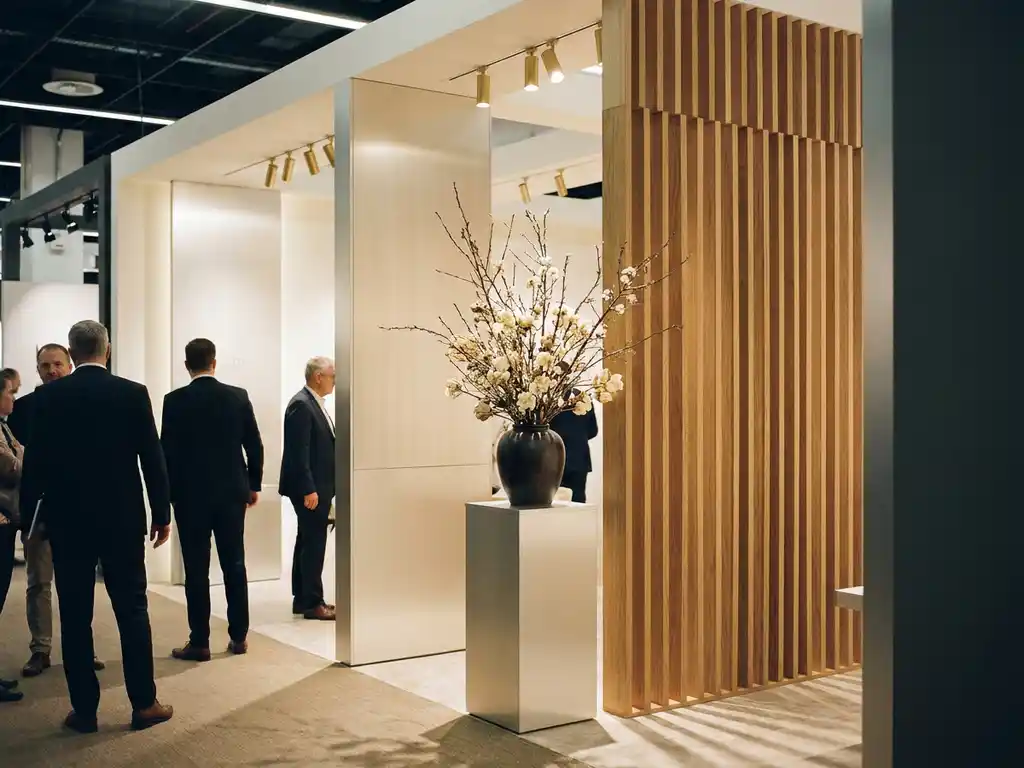 Minimalistische beursstand met ivoren panelen, warm eiken hout en sculpturaal bloemstuk onder gouden spotlights.