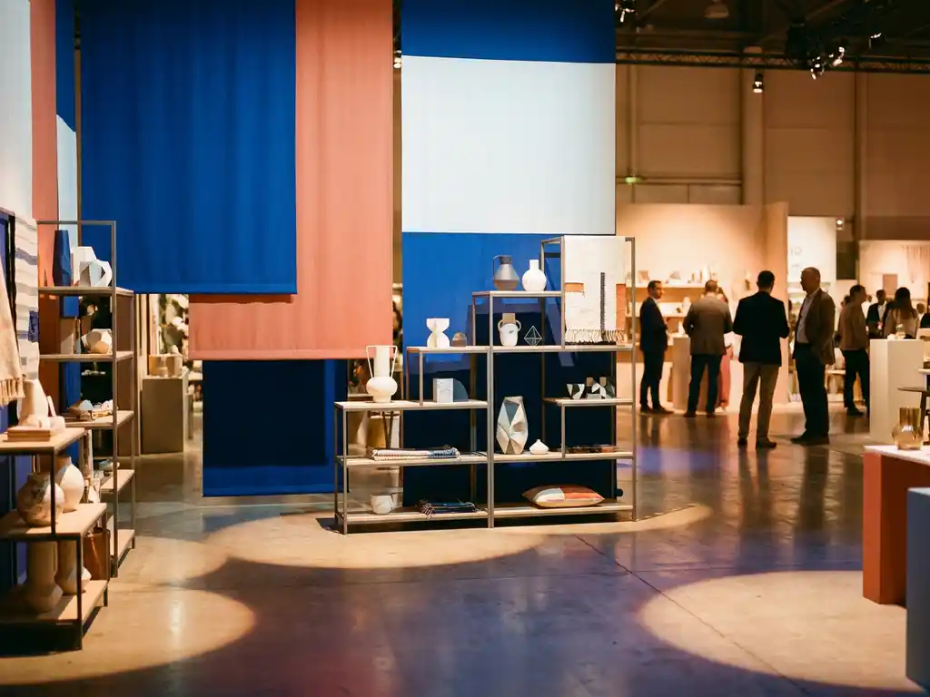 Kleurrijk beurssstand met kobaltblauwe, koraalrode en witte stoffenpanelen, modulaire displayrekken en dramatische spotverlichting op glanzende vloer.
