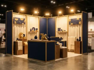 Beursstand met marineblauw en goudkleurig merkdesign, textielen achtergrond en branded props op betonvloer onder warme spotverlichting.