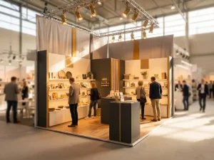 Beursstand met modulaire displaypanelen, verlichte productschappen en branded stoffen achtergrond in lichte expositiehal.