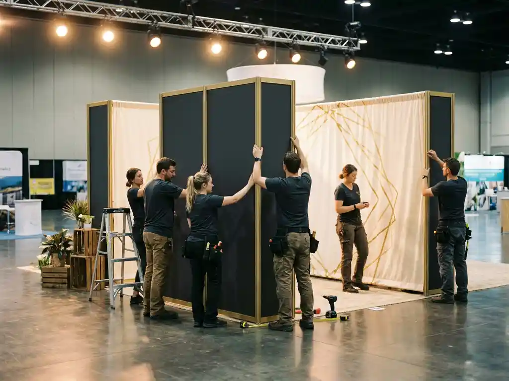 Crew installeert modulaire beursstand met branded stoffen backdrop en gouden spotverlichting op betonnen vloer.
