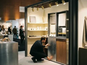 Designer plaatst modulaire displaypanelen in een compacte beursstand met gouden accentverlichting en crème-antraciet kleurenschema.