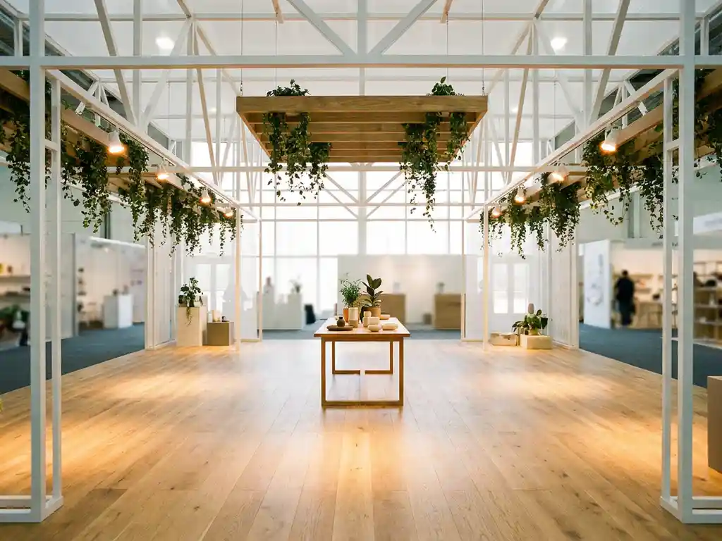 Ruime beursstand met witte open frames, hangende planten en warm spotlicht op een lichte eikenhouten vloer.