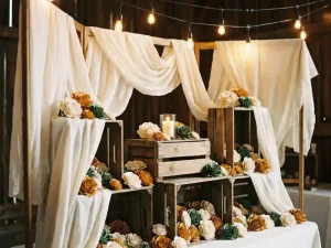 Feeststand met ivoren stof, DIY papieren bloemen, houten kratten als verhogers en sfeervolle snoerverlichting in warme amber- en groentinten.