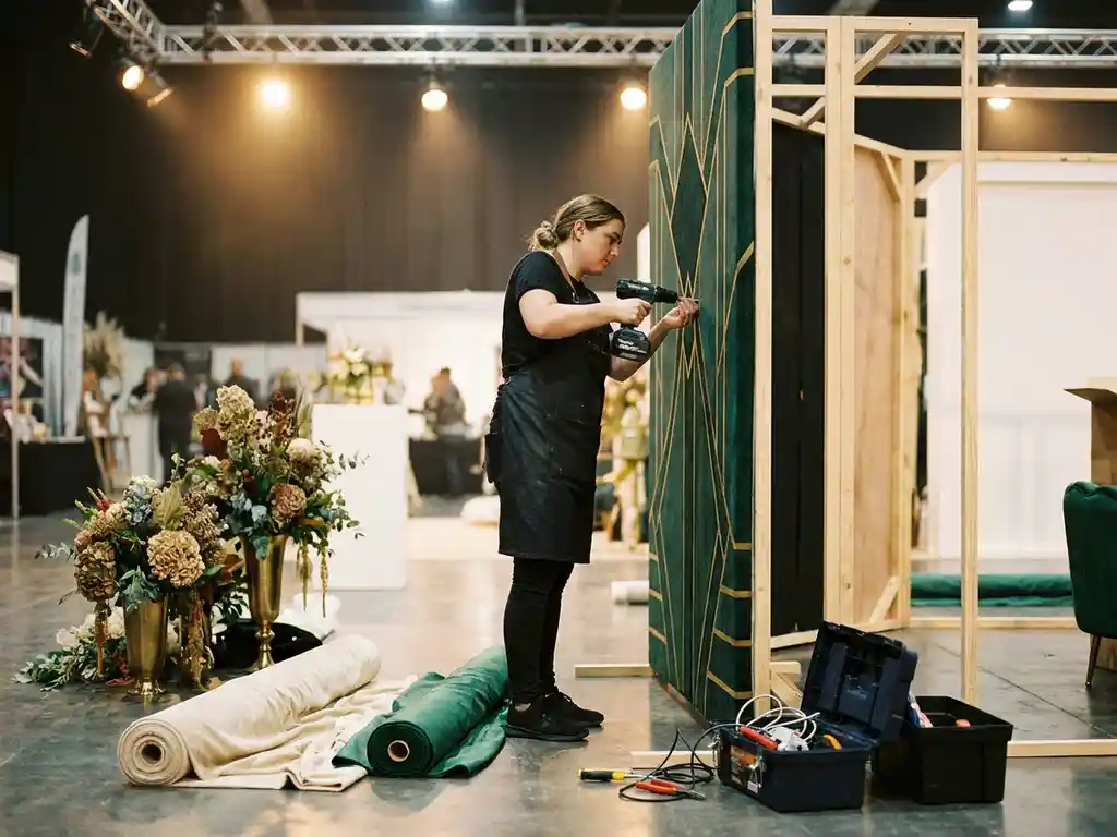 Eventstyliste bevestigt decoratief paneel aan beursstandframe, omringd door stofrollen en bloemstukken in een verlichte tentoonstellingsruimte.