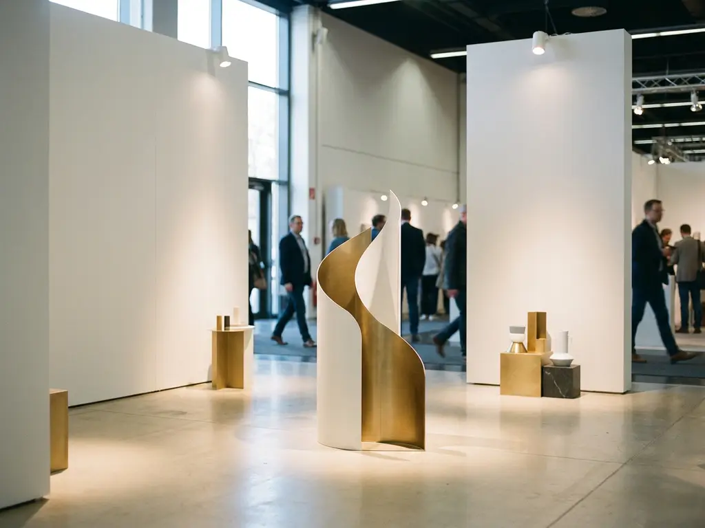 Minimalistische beurstand met witte panelen, warm gouden accent en gerichte spotverlichting in moderne expositiehal.