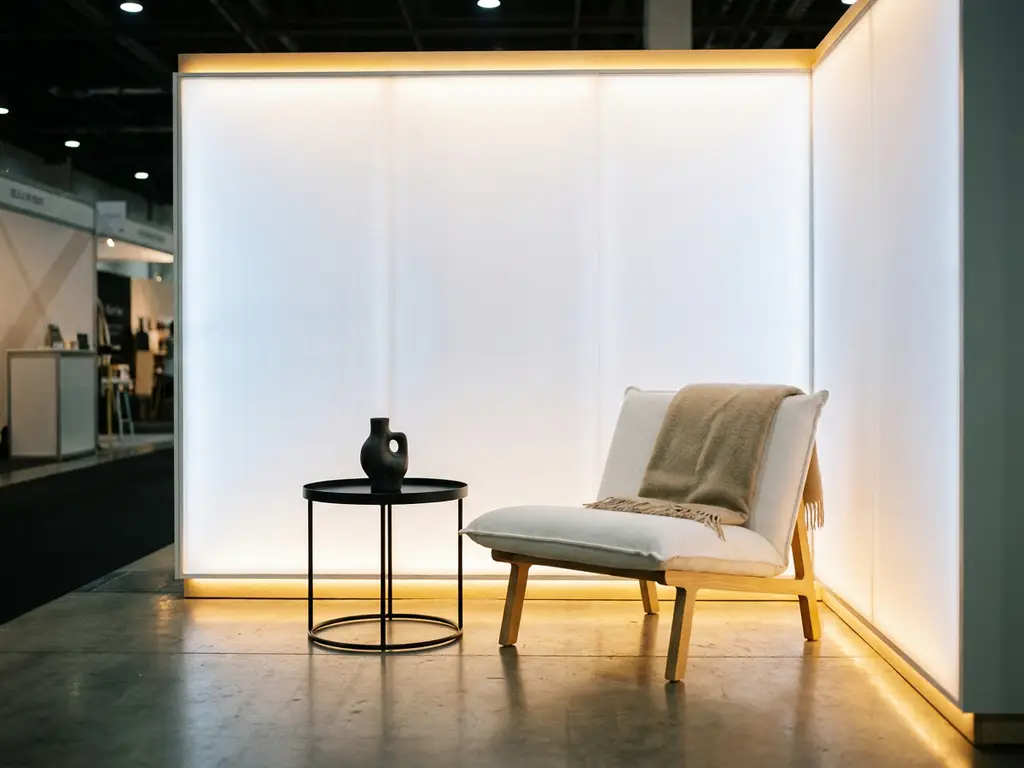 Minimalistische beursstand met witte lounge stoel, matte zwarte bijzettafel en warme sfeerverlichting op betonnen vloer.