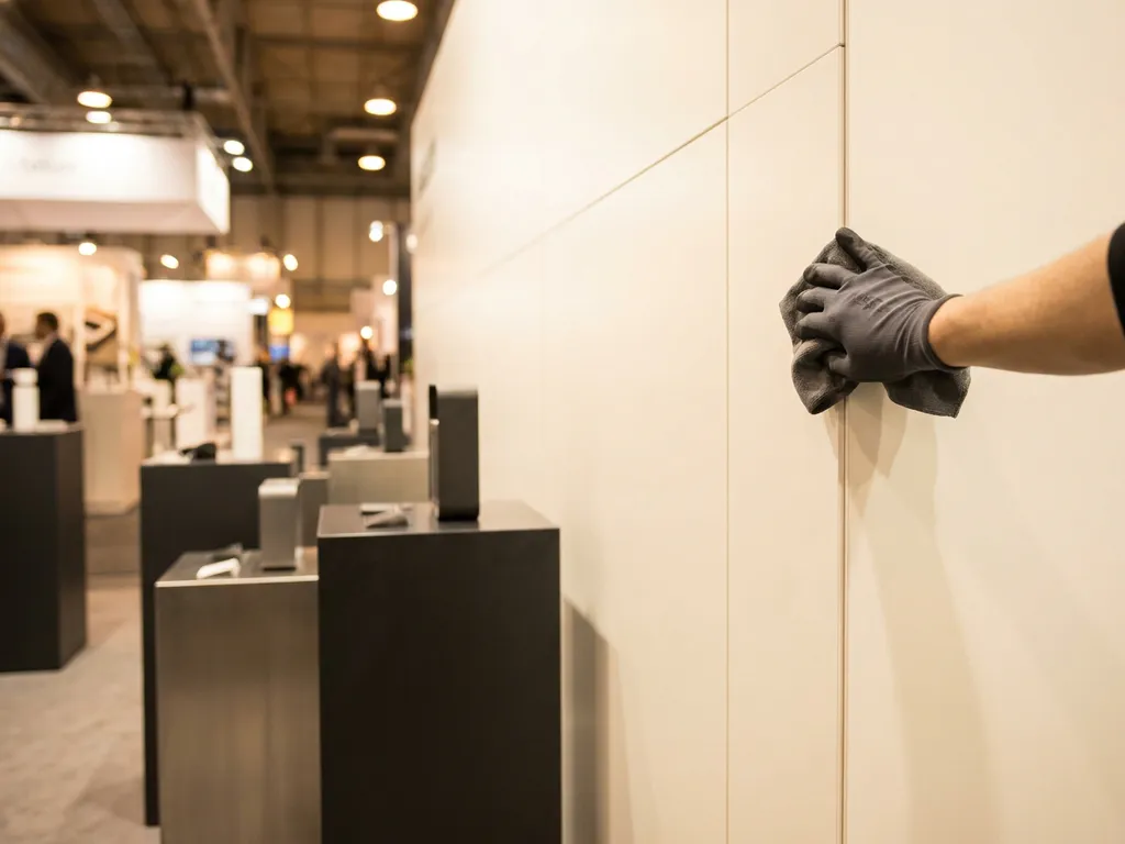 Gehandschoende hand die een modulaire beursstand met magnetische connectoren schoonveegt, strak design in warmwit, staal en antraciet.