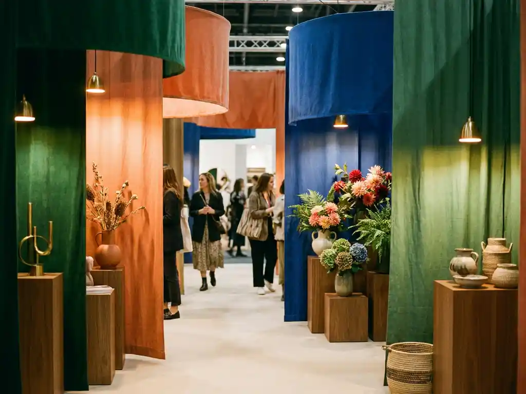 Tentoonstellingsstand met kleurblokken in smaragdgroen, koraalrood en kobaltblauw, versierd met bloemen en verlicht door warme spots.