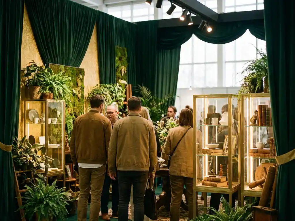 Sfeervol beursstand met weelderig groen, warme spotverlichting en elegante displays in smaragdgroen en goud, bezoekers naderen de booth.