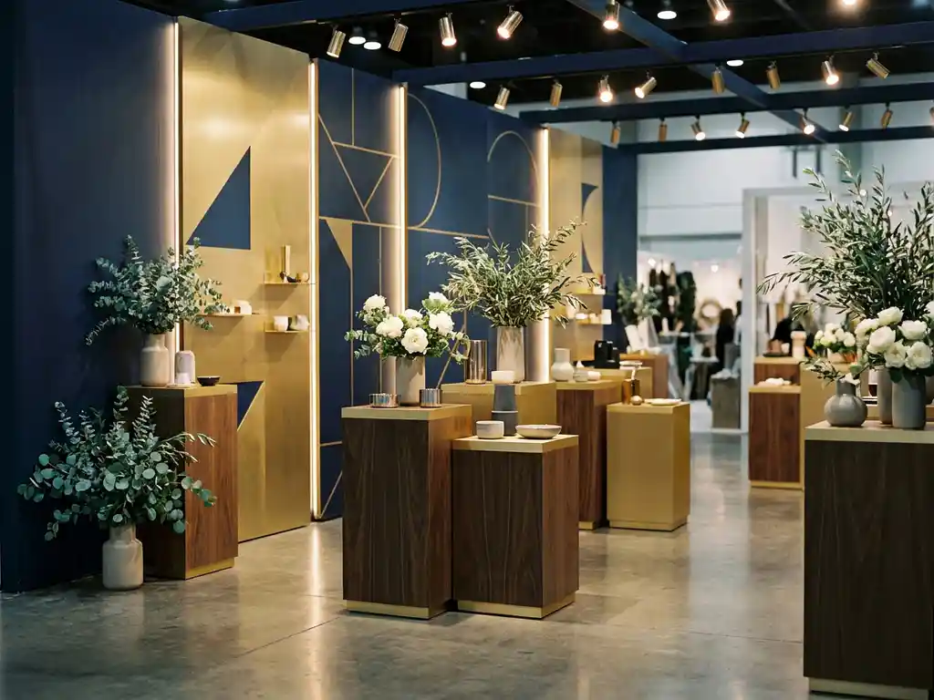 Stijlvolle beurstand met navy en gouden brandingpanelen, productpedestals, warme spotverlichting en verse bloemen op betonnen vloer.