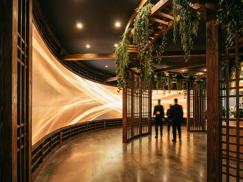 Tentoonstellingsstand met gebogen LED-scherm in warm amber licht, omgeven door houten elementen en hangende planten op betonnen vloer.